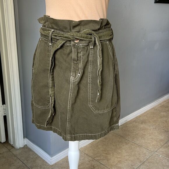 Free People Olive Green Belted utility safari paperbag mini skirt military - Picture 2 of 7